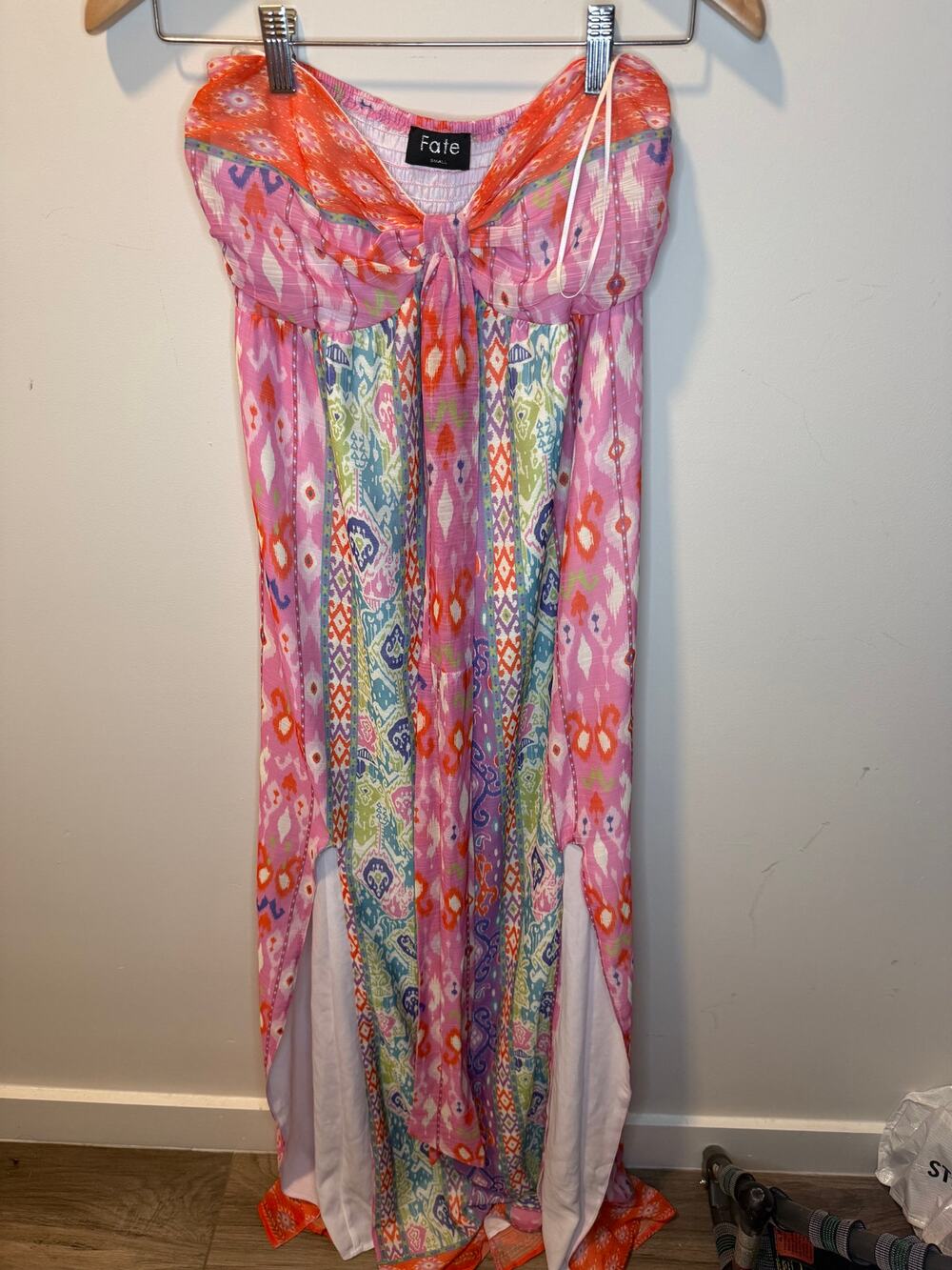 Fate Boho Print Strapless Maxi Dress Tie Front Size Small